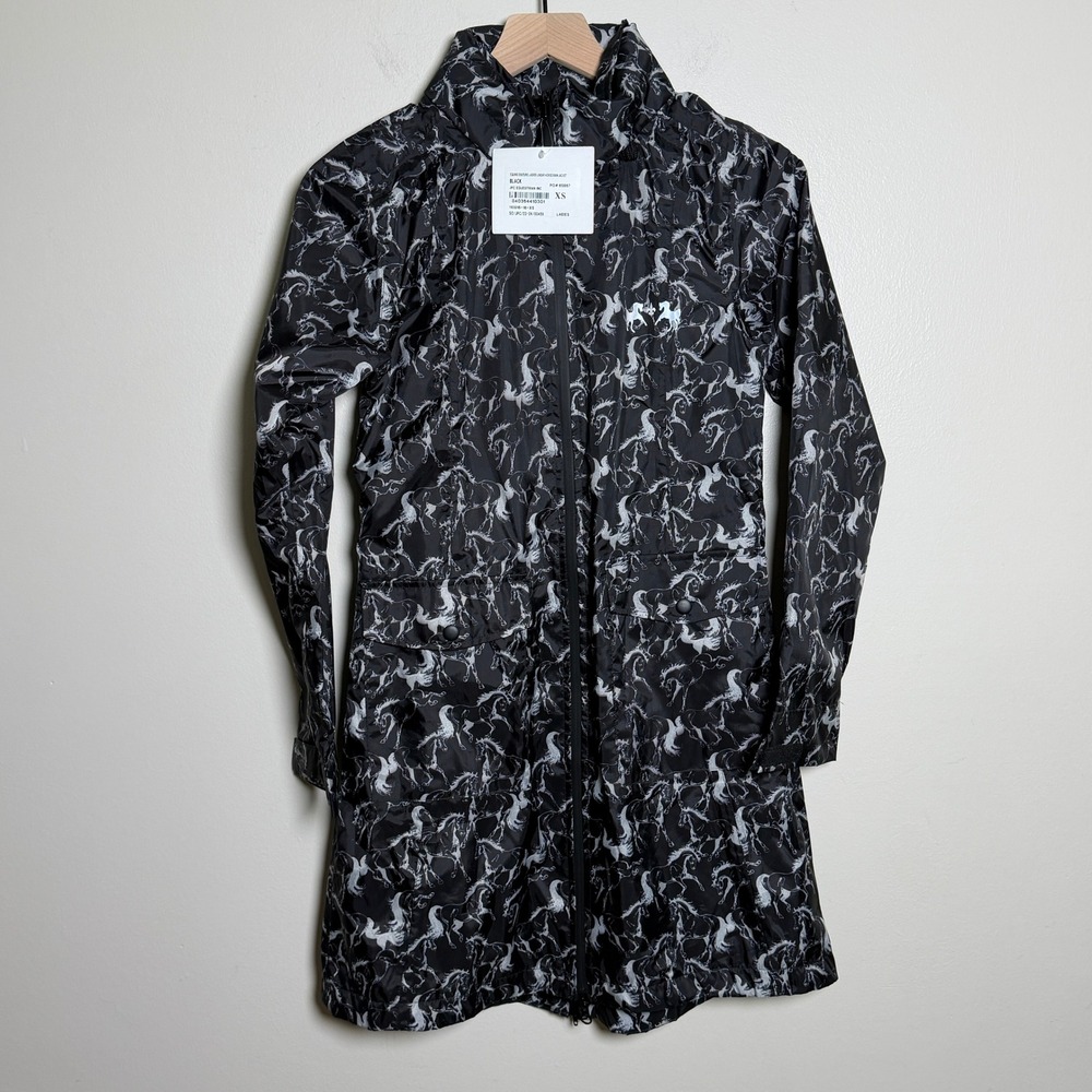 Equine Couture Ladies Rain Jacket XS Black Linear Horse Print Full Zip Country